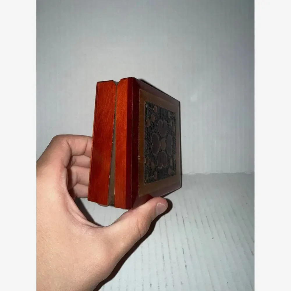 Vintage Polish Carved Wood Trinket Box Marquetry Inlay Folk Art Small Keepsake